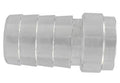 Aluminum weld barb hose fitting with barbed ends and ribbed collars, silver finish