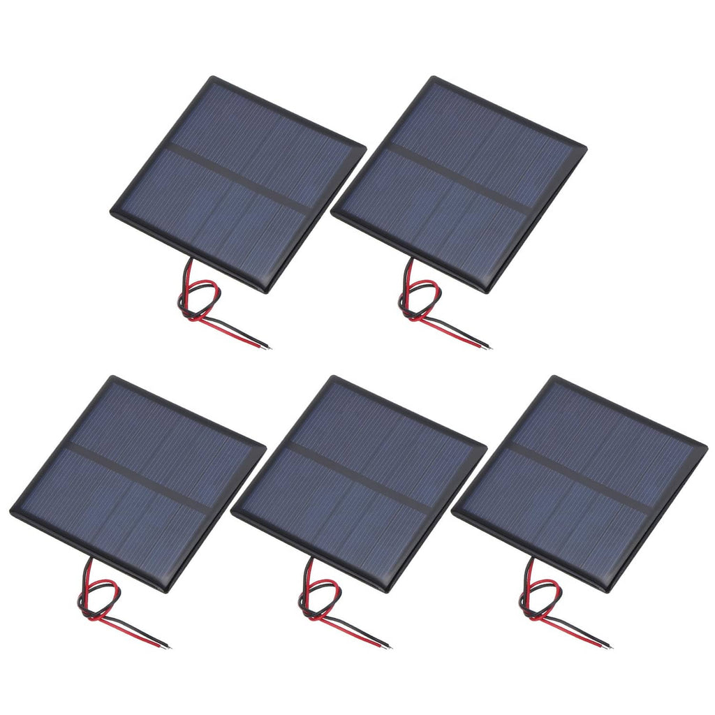 Set of five small square black solar panels with red and black wire leads