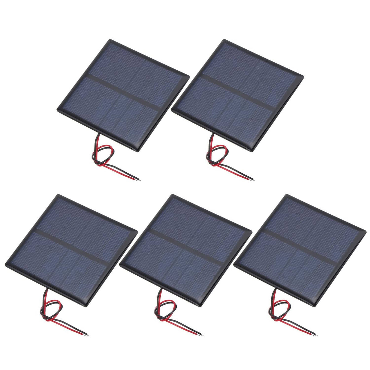 Set of five small square black solar panels with red and black wire leads