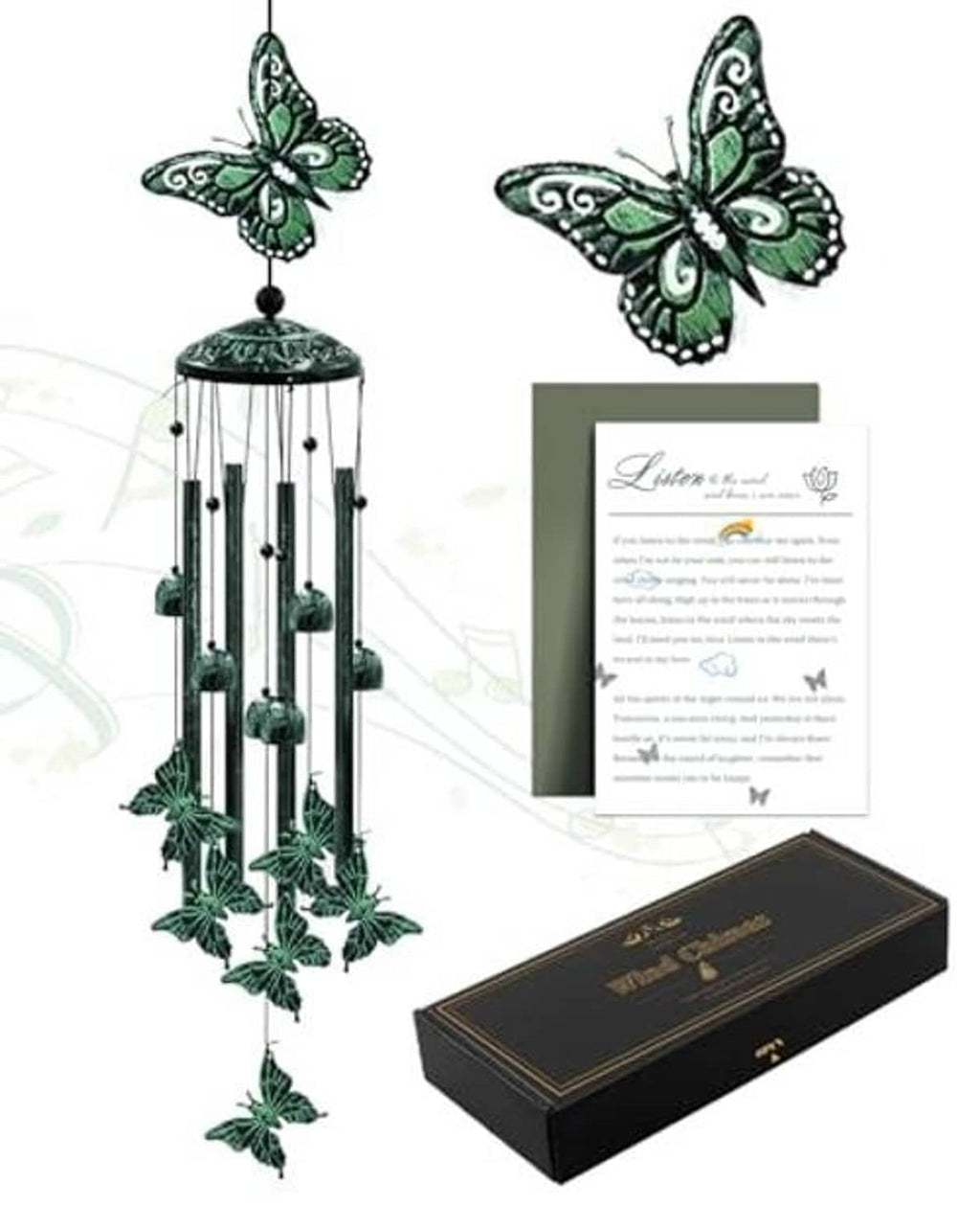 Green butterfly wind chime with metal tubes and dangling butterfly decorations