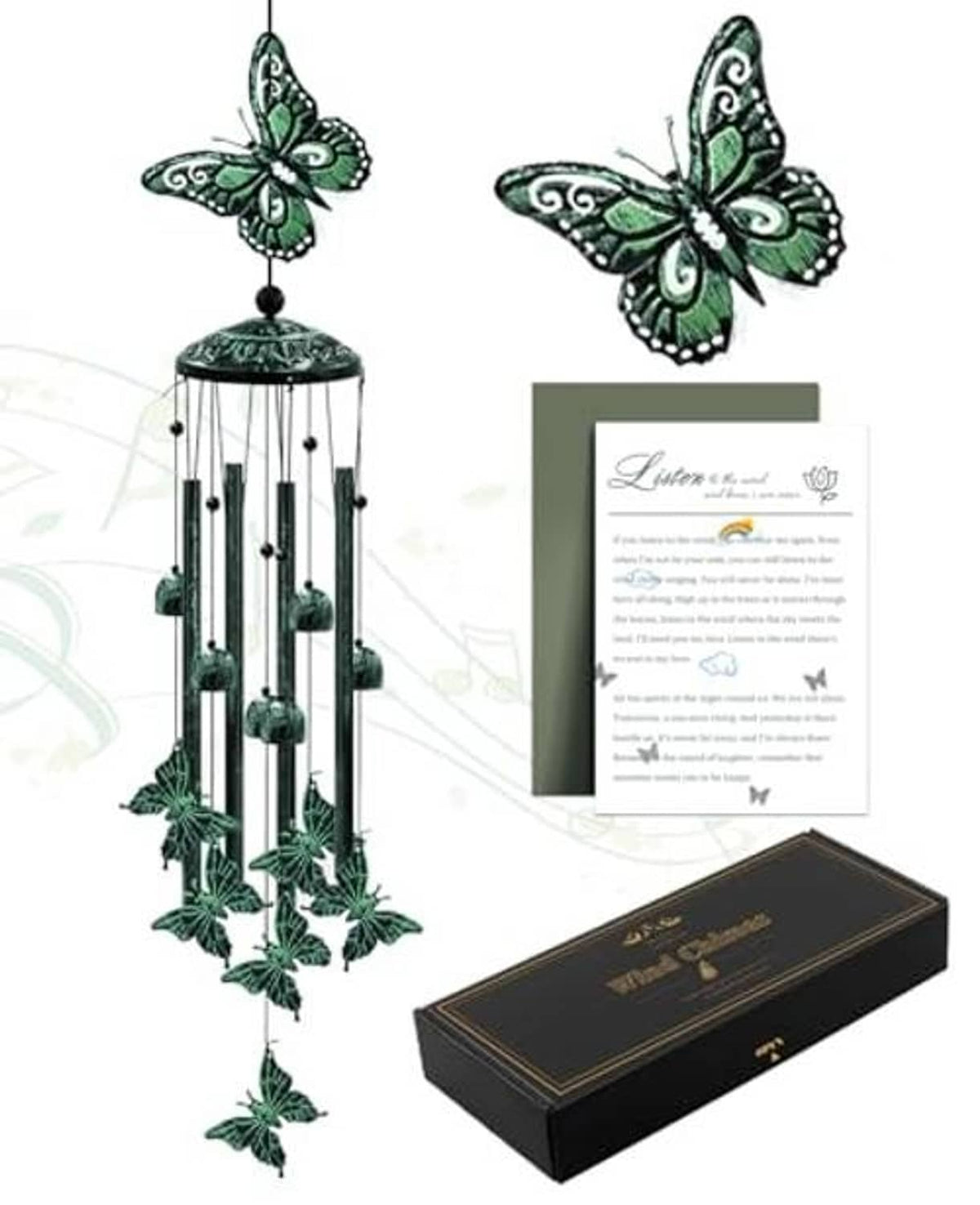 Green butterfly wind chime with metal tubes and dangling butterfly decorations
