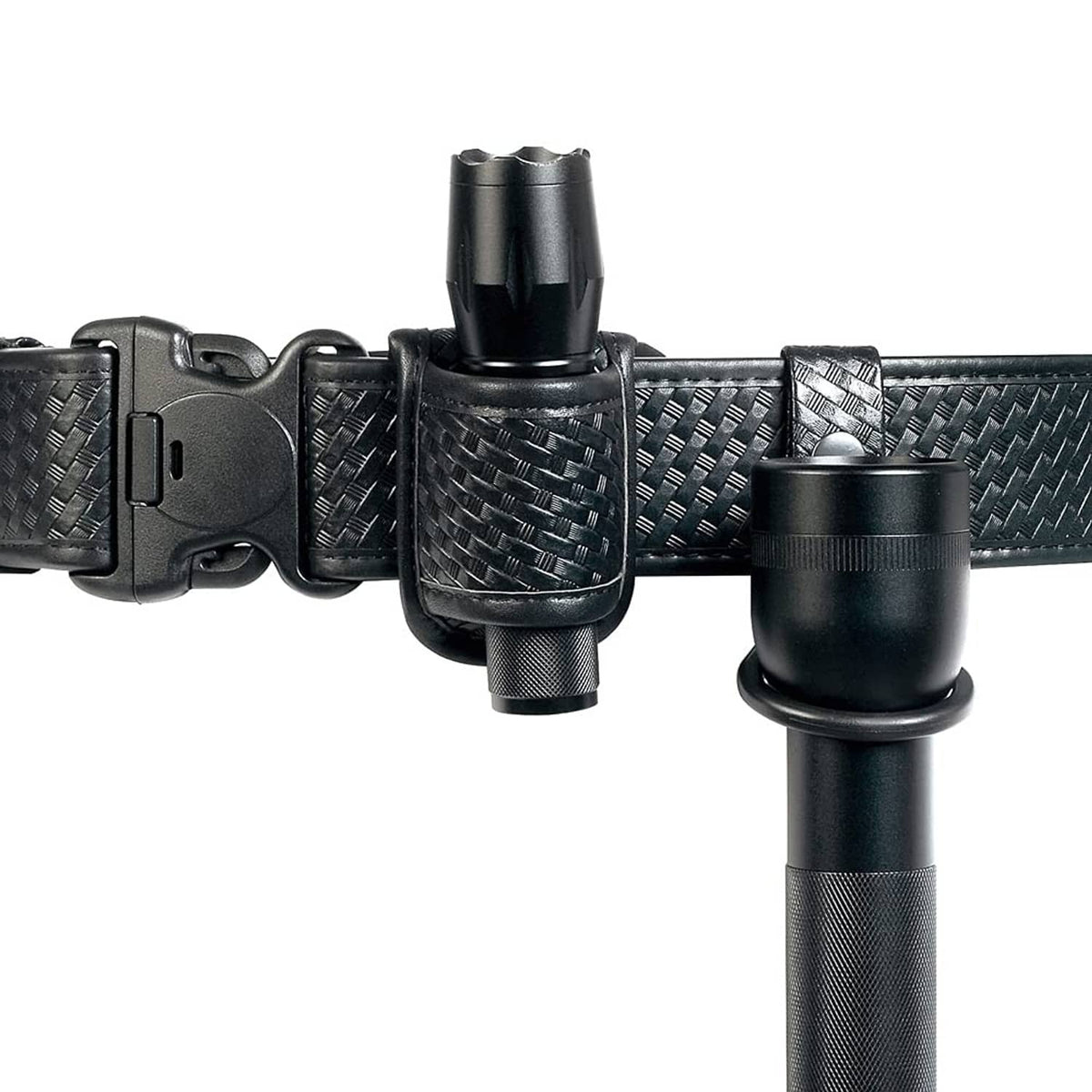 Black belt-mounted flashlight holder with woven sheath and snap button