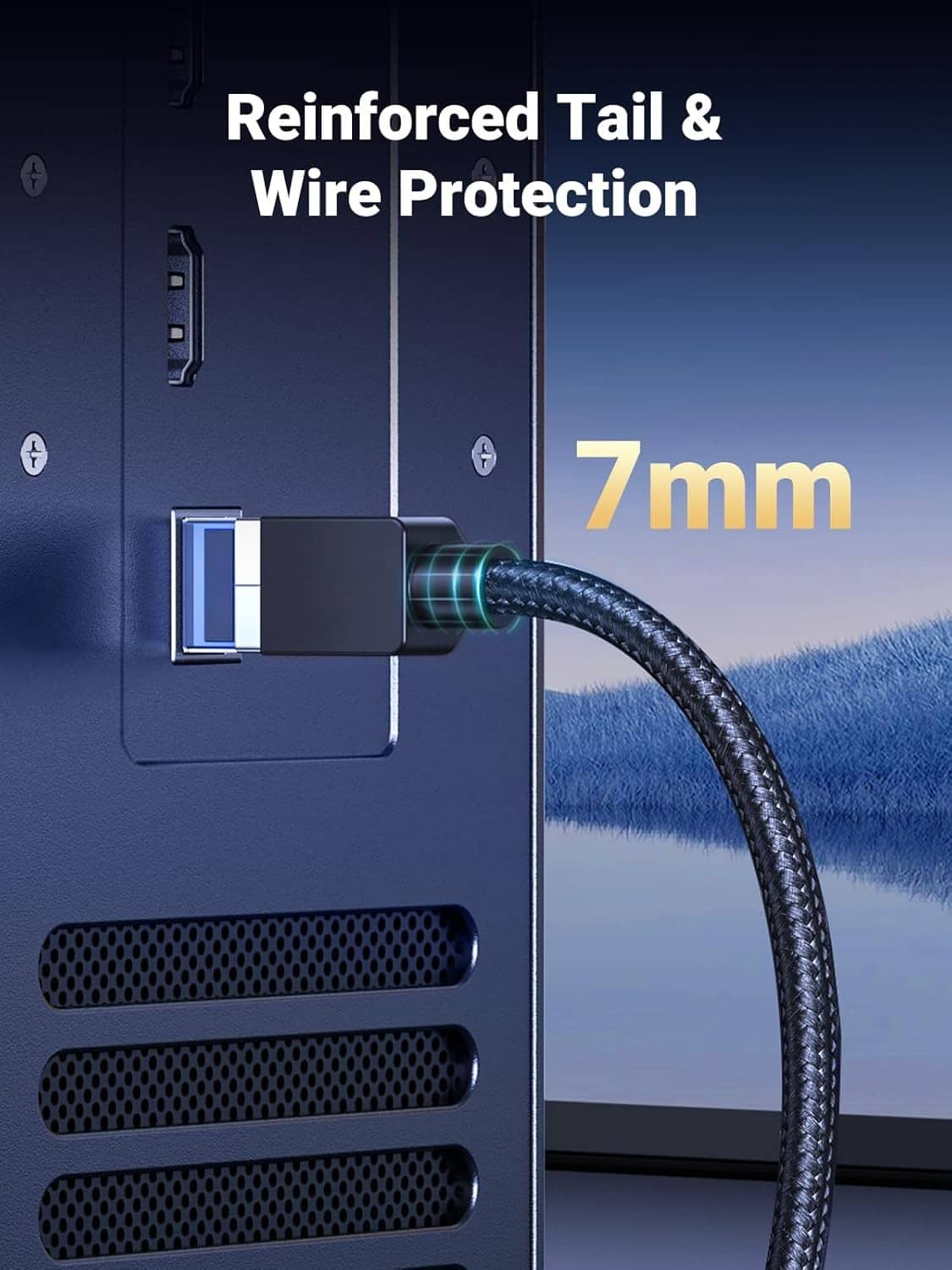 Reinforced Cat 8 Ethernet cable with 7mm braided nylon jacket and RJ45 plug