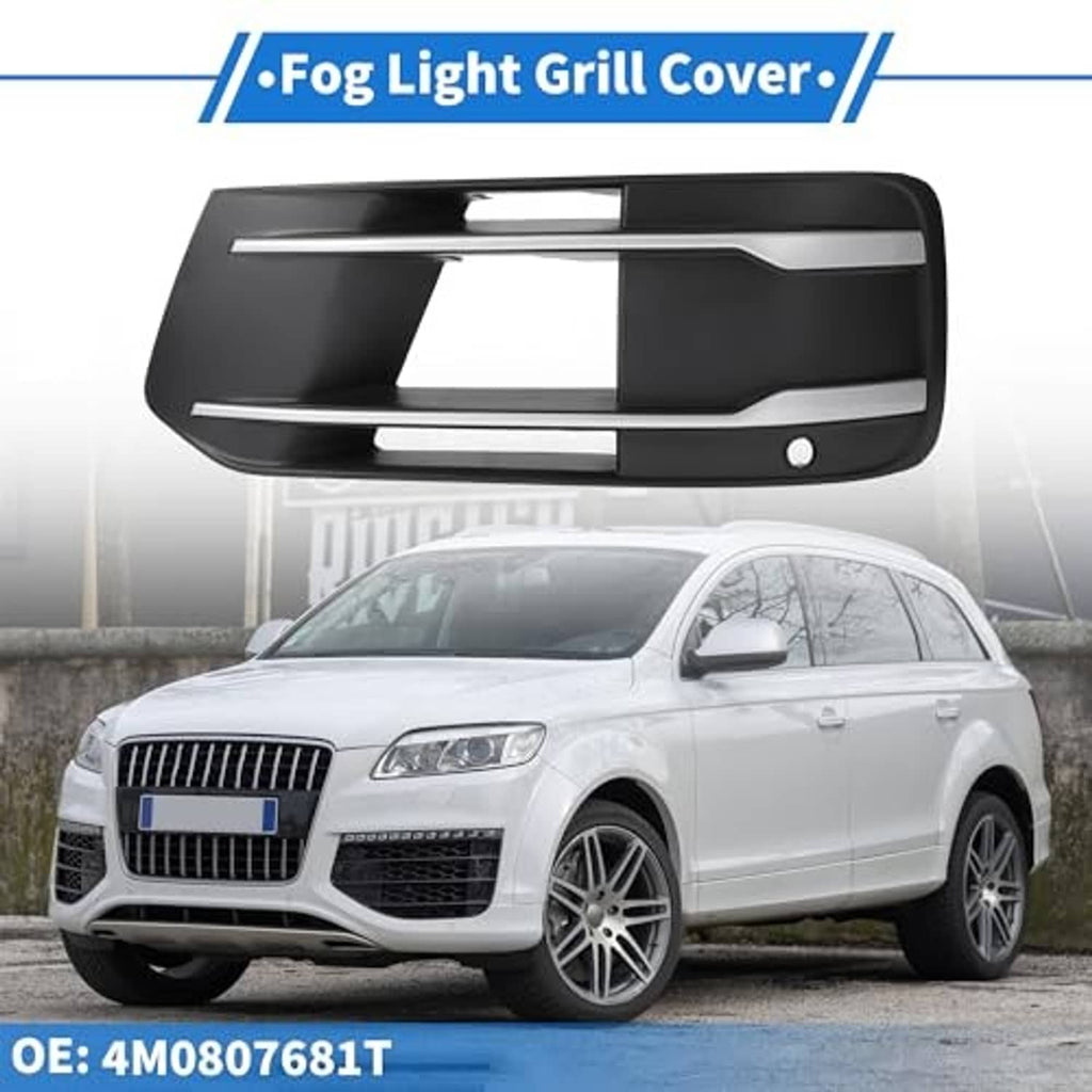 Black fog light grill cover with chrome trim bars and round mounting hole