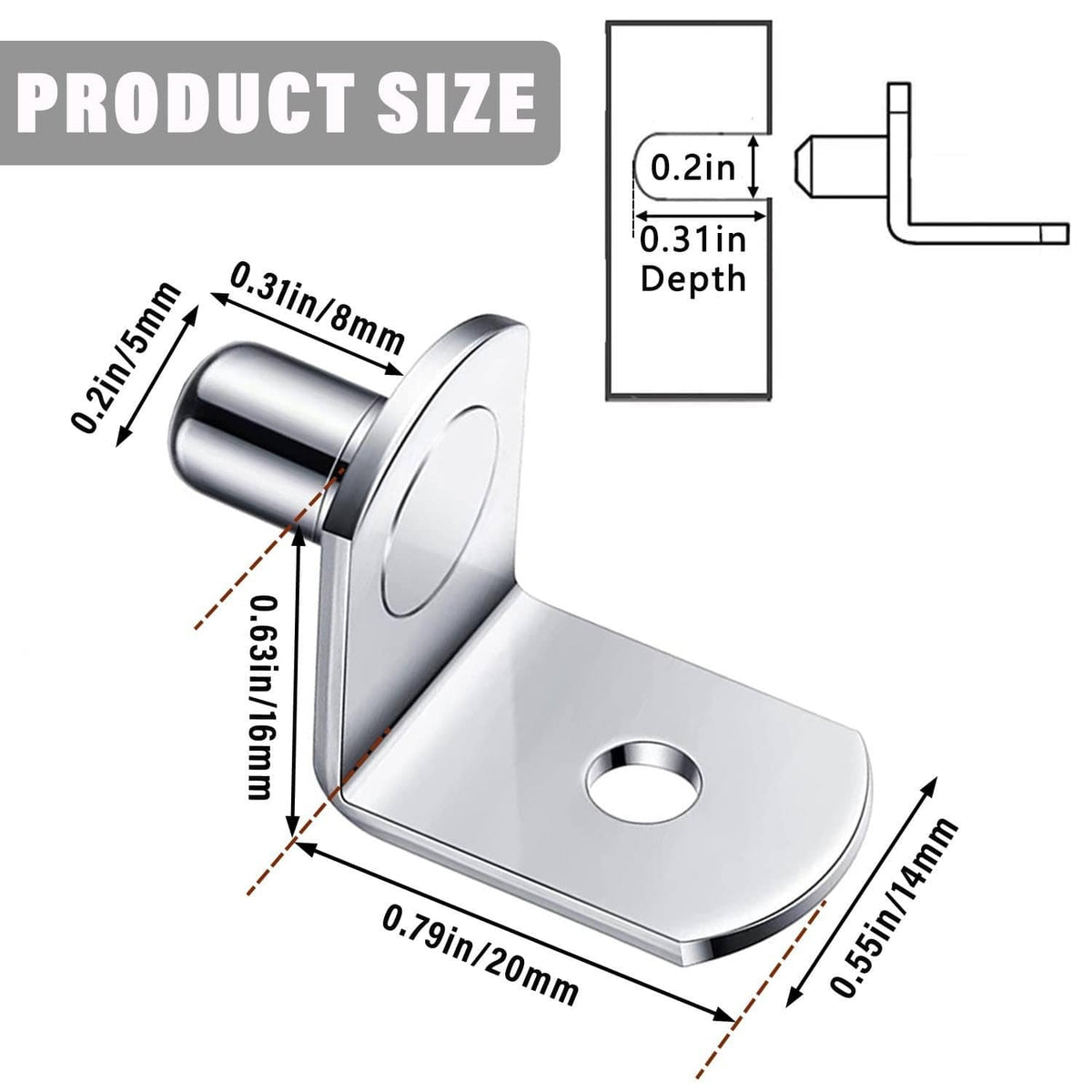 Silver shelf support peg bracket with round pin opening and depth measurement diagram