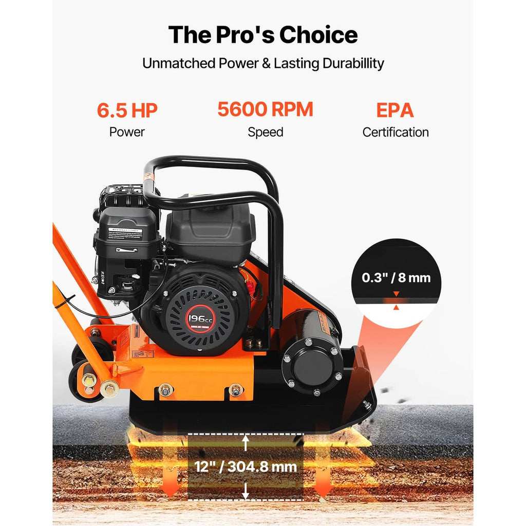 Orange and black vibrating plate compactor close-up, with engine, handle bar, and steel base plate