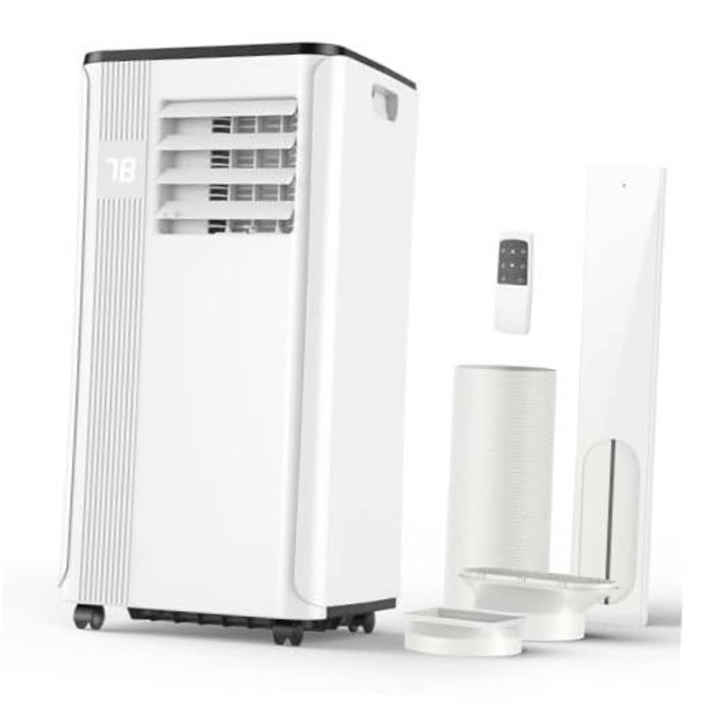 White portable air conditioner with front vent and caster wheels, shown with remote