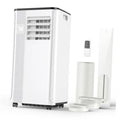 White portable air conditioner with front vent and caster wheels, shown with remote