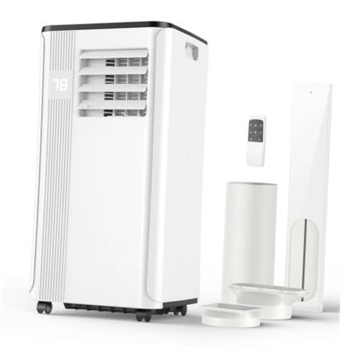 White portable air conditioner with front vent and caster wheels, shown with remote