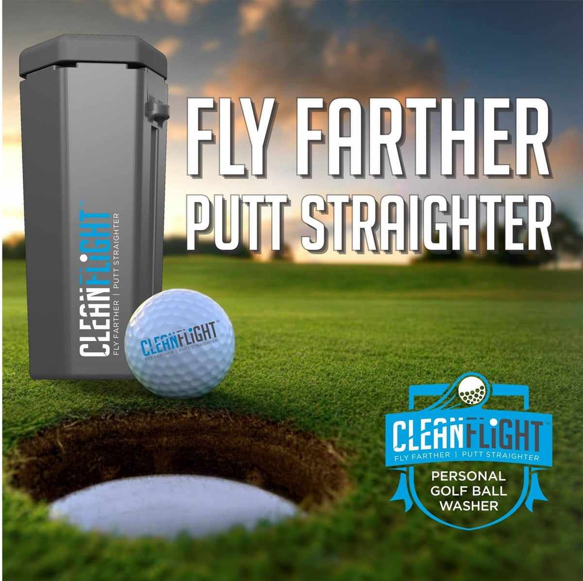 Clean Flight portable golf ball washer with blue branding and golf ball