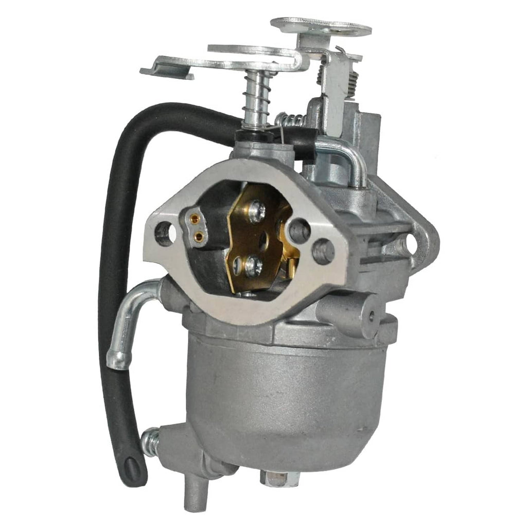 Carburetor assembly with round brass intake, black fuel line, and silver mounting plate