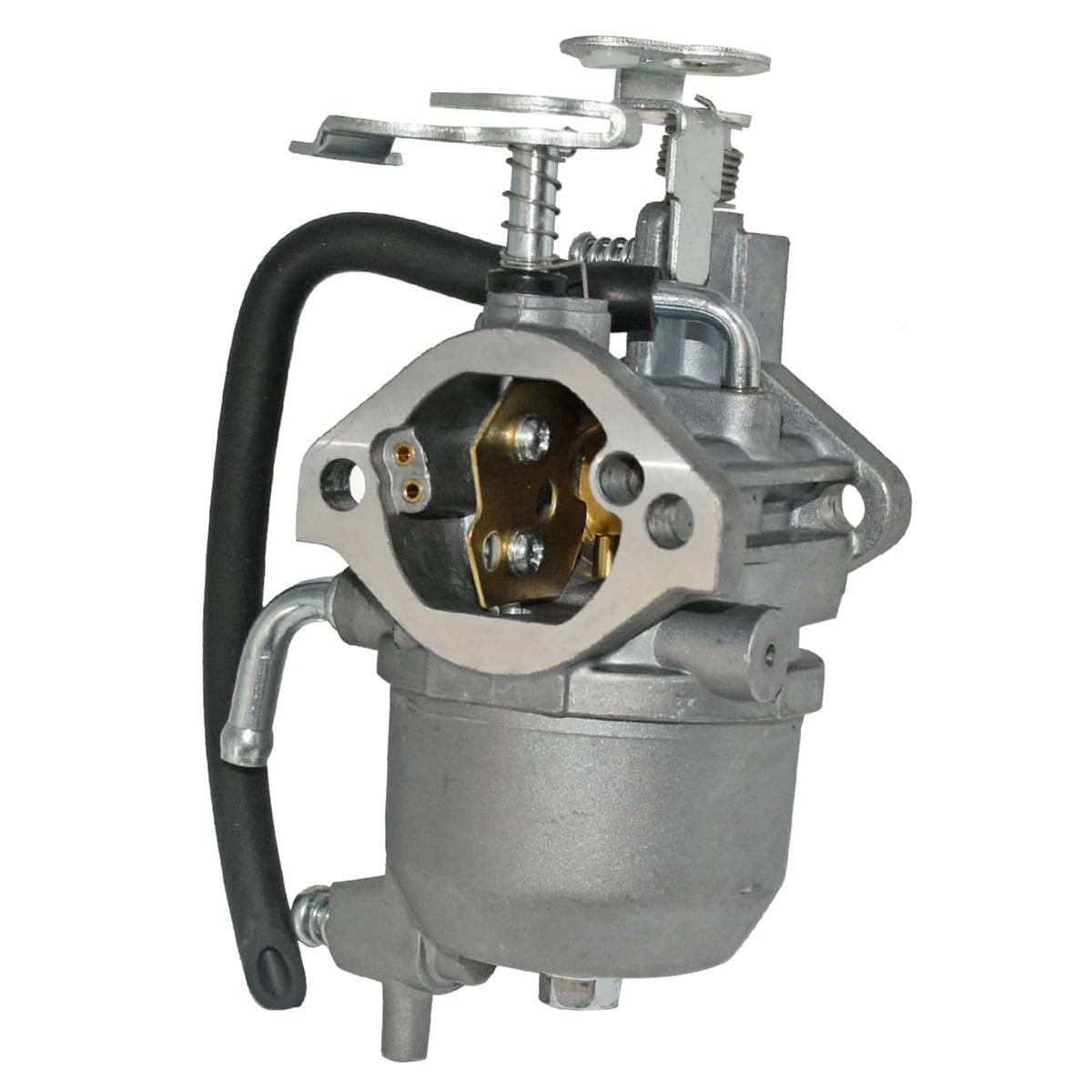Carburetor assembly with round brass intake, black fuel line, and silver mounting plate