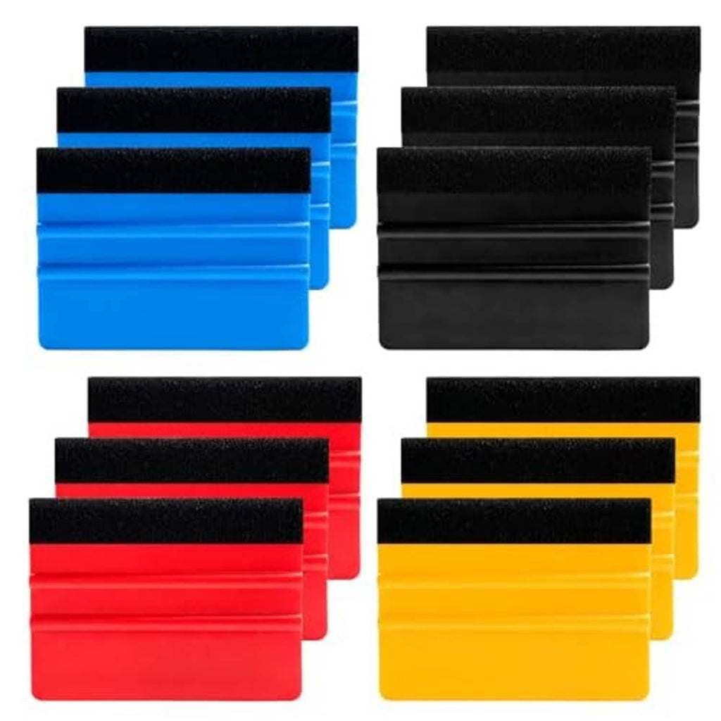 12 plastic felt-edge squeegees for window tinting in mixed colors: blue, black, red, yellow