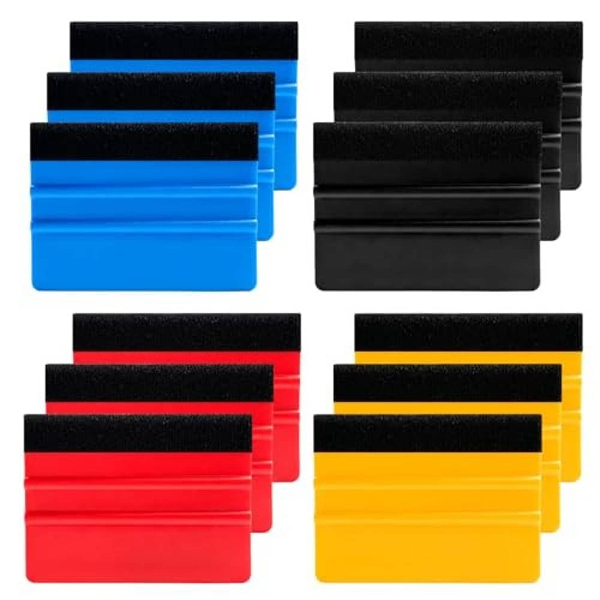 12 plastic felt-edge squeegees for window tinting in mixed colors: blue, black, red, yellow