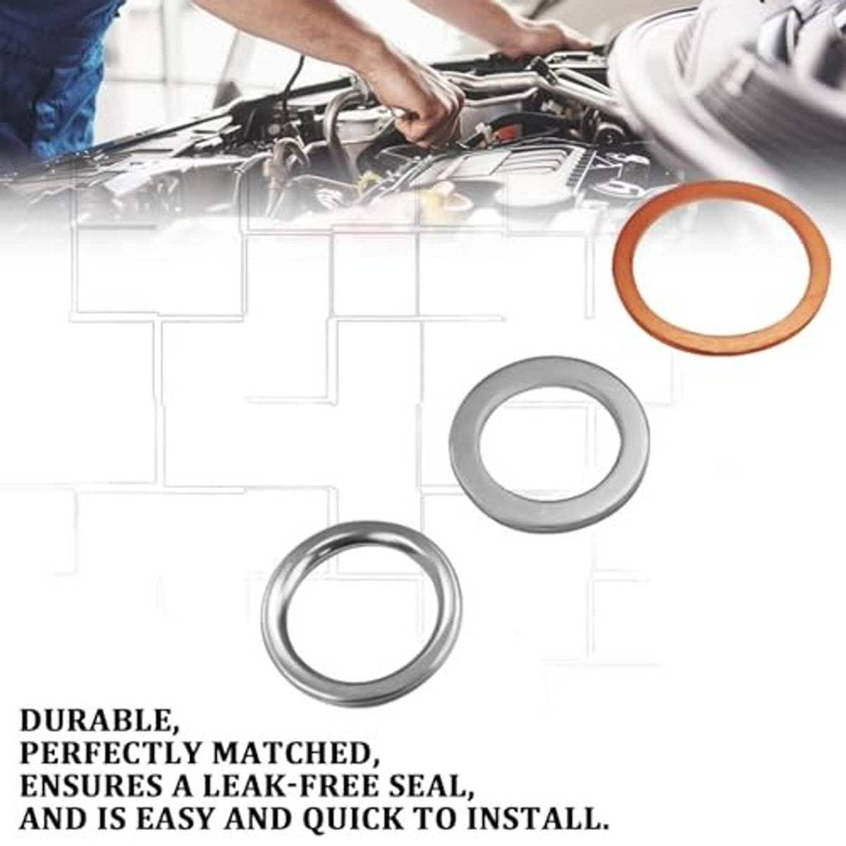 Crush washer gasket set with copper-orange, gray, and silver sealing rings
