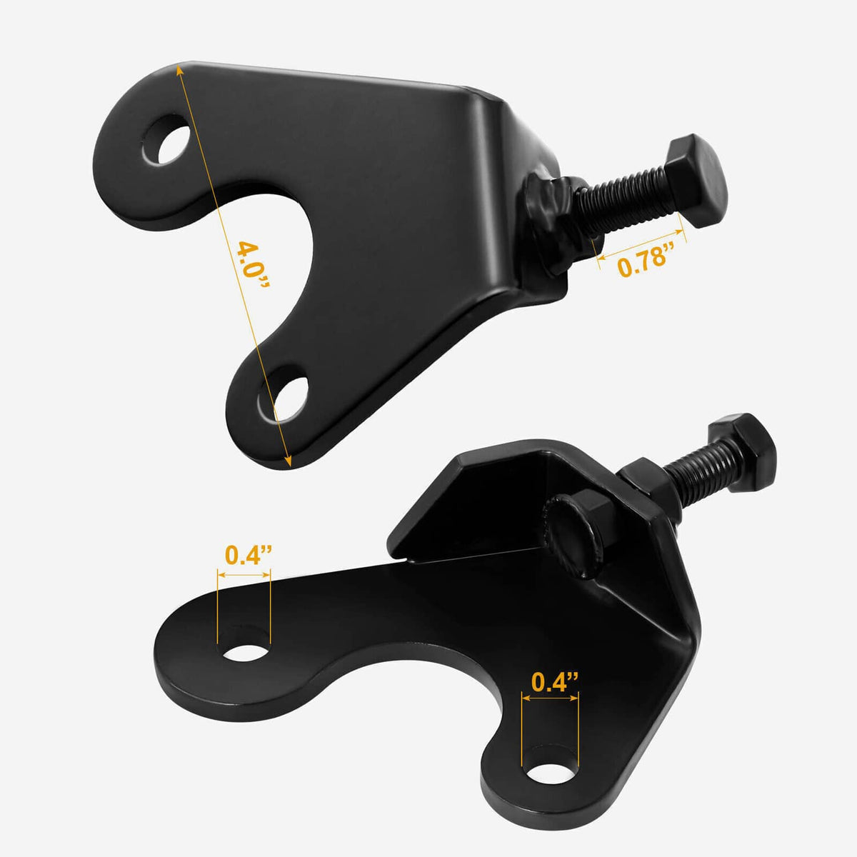 Two black exhaust manifold bolt repair brackets with threaded screws and mounting holes