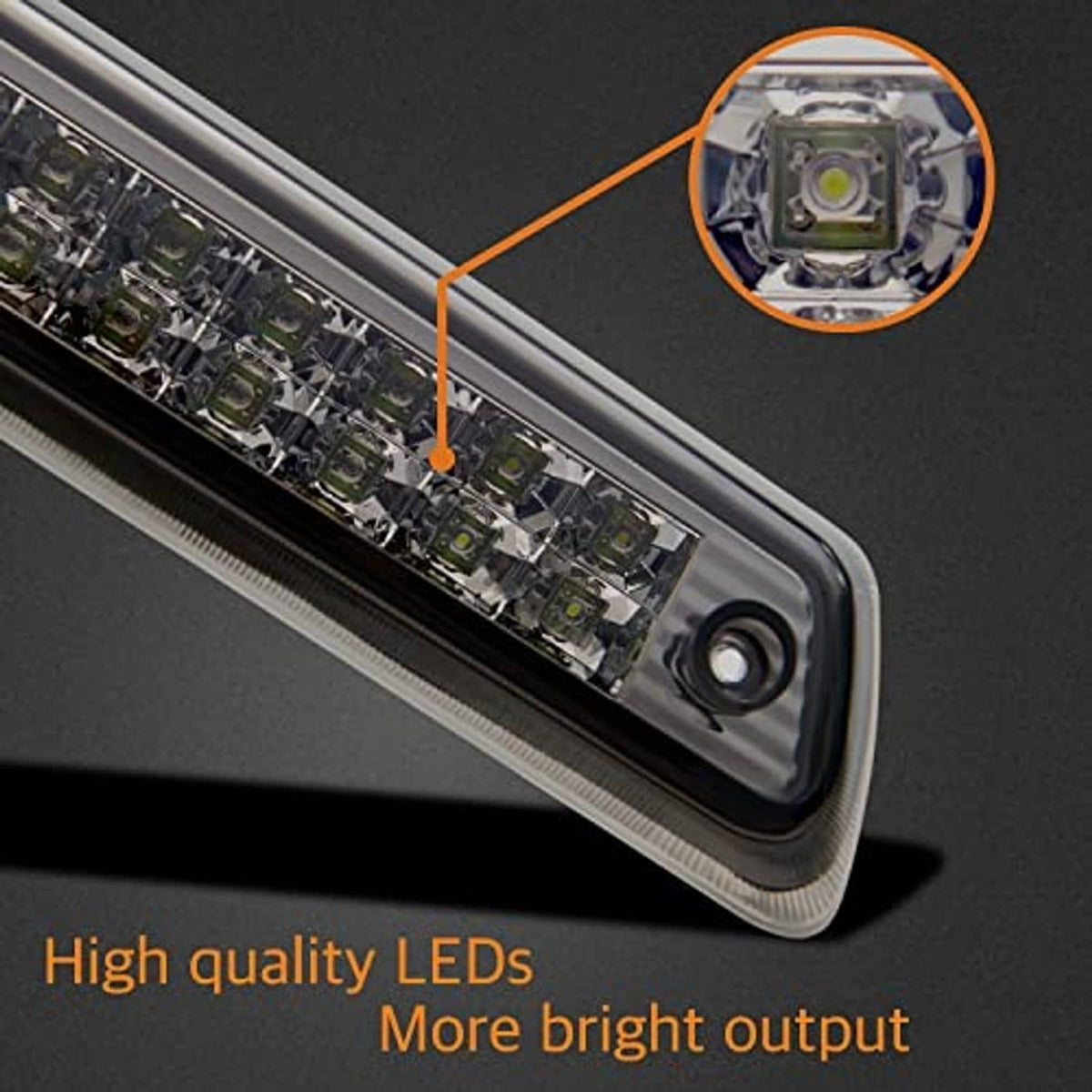 Close-up of rectangular LED stop light housing with dense diode array and side screw hole