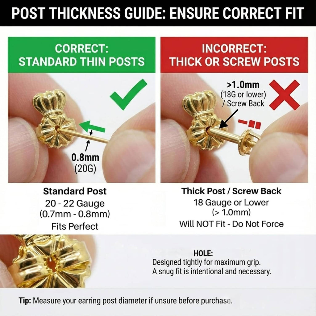 Earring post thickness guide comparing standard posts vs thick or screw posts