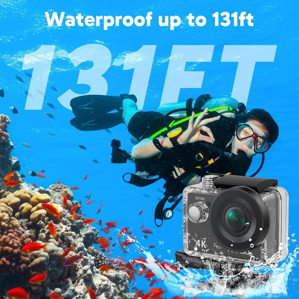 AKASO EK7000 waterproof action camera in clear housing with black lens