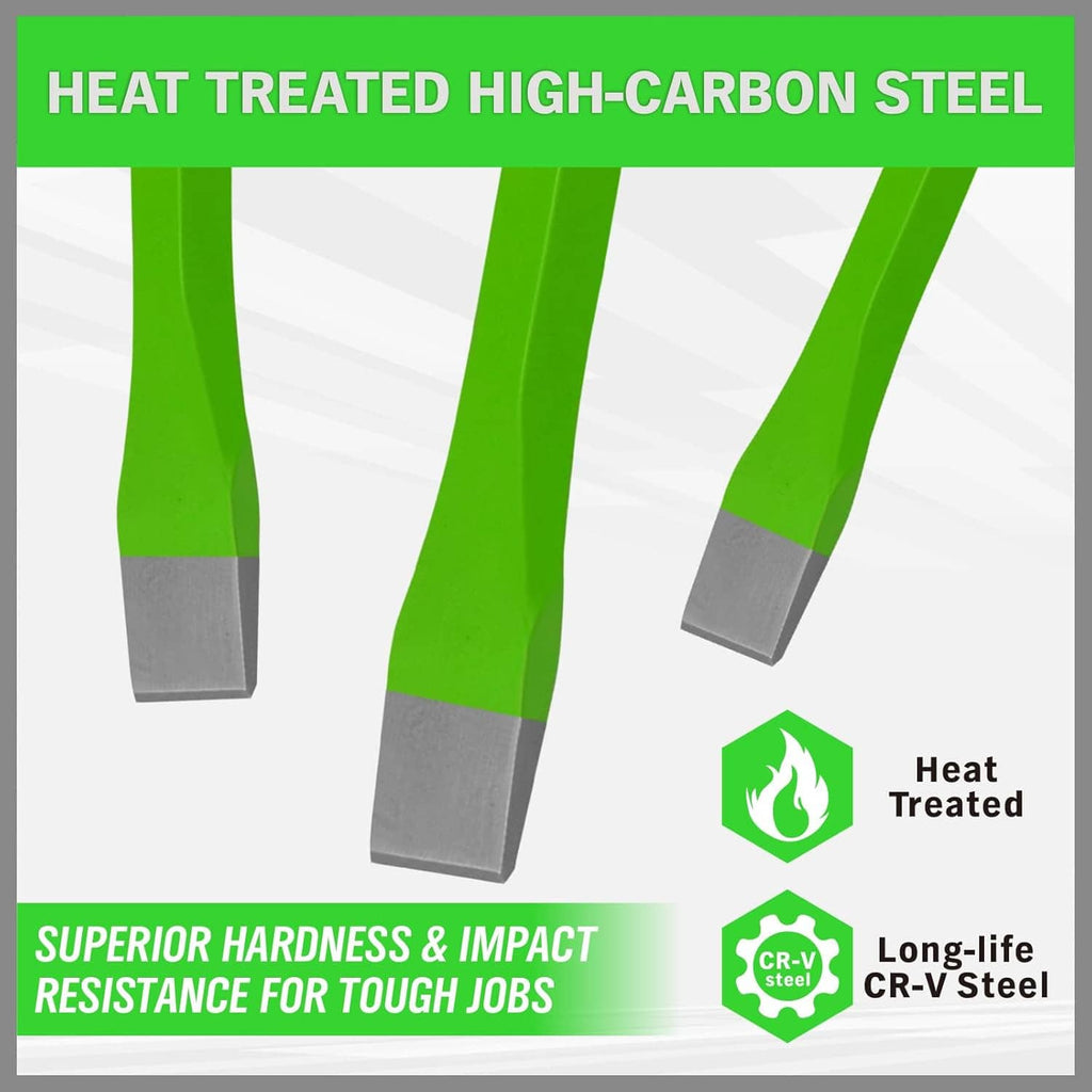 Green cold chisel set feature graphic showing heat-treated high-carbon steel tips