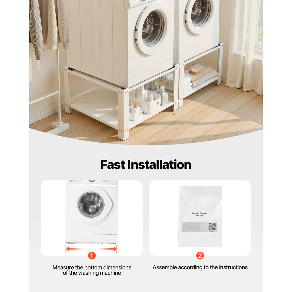 White washer pedestal base showing open lower shelf and sturdy support legs