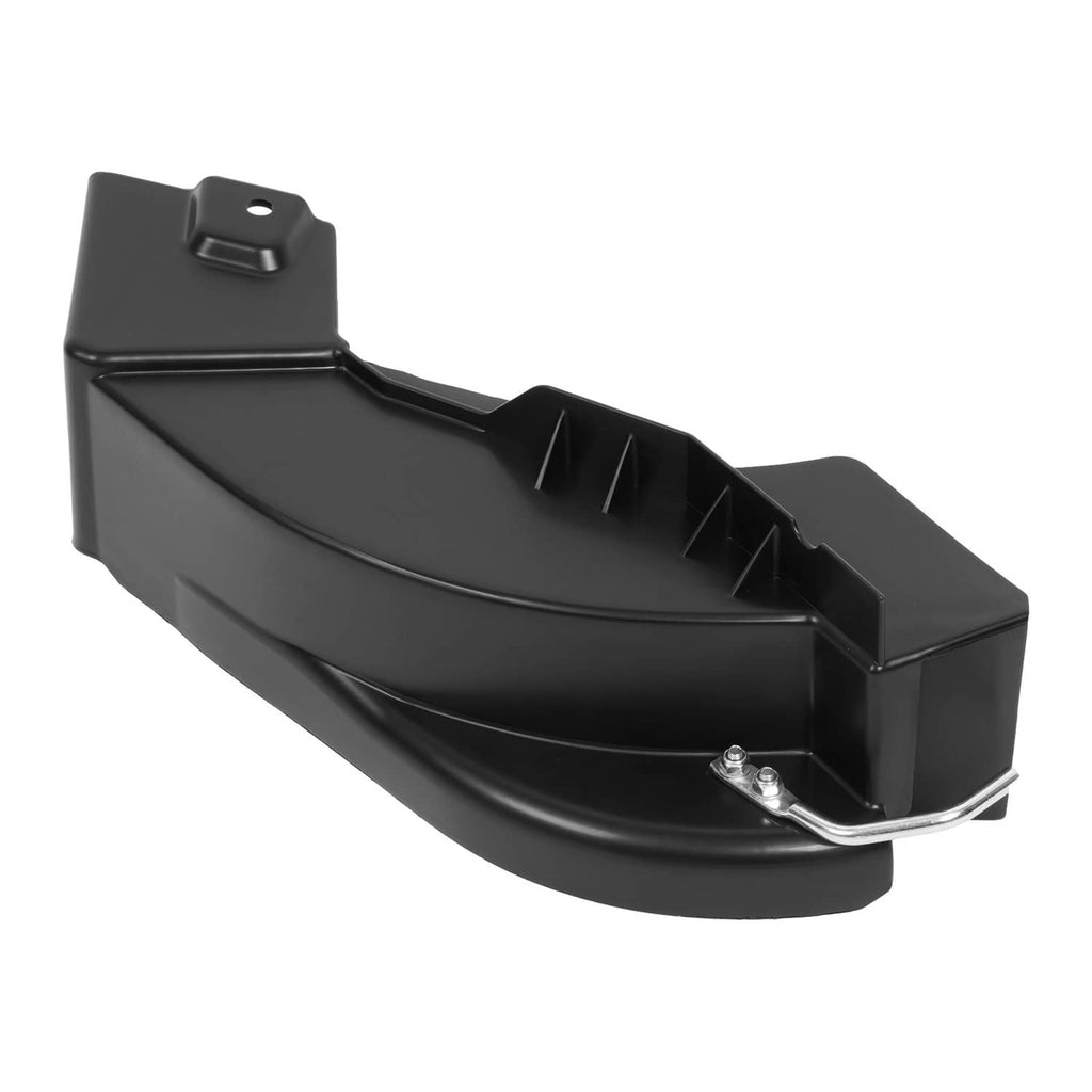 Black mulch plug chute with mounting bracket and metal lever, mower deck accessory