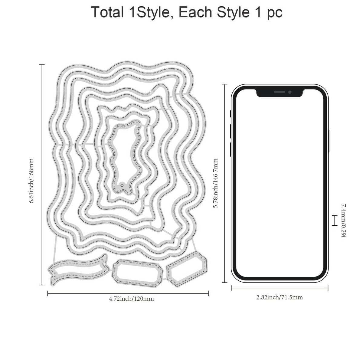 Layered wavy rectangle metal cutting dies with frame and small tag shapes