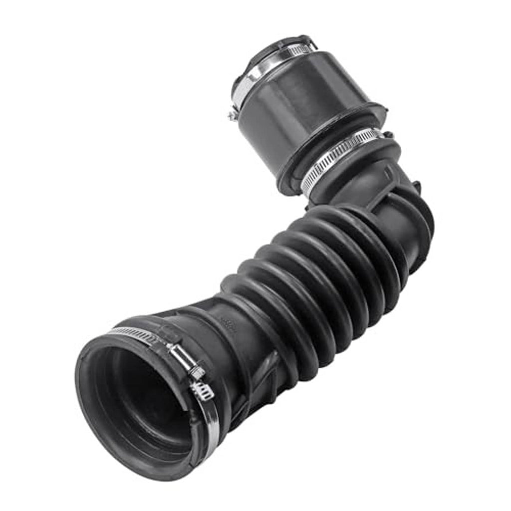 Black air intake hose with ribbed flexible section and two stainless steel hose clamps