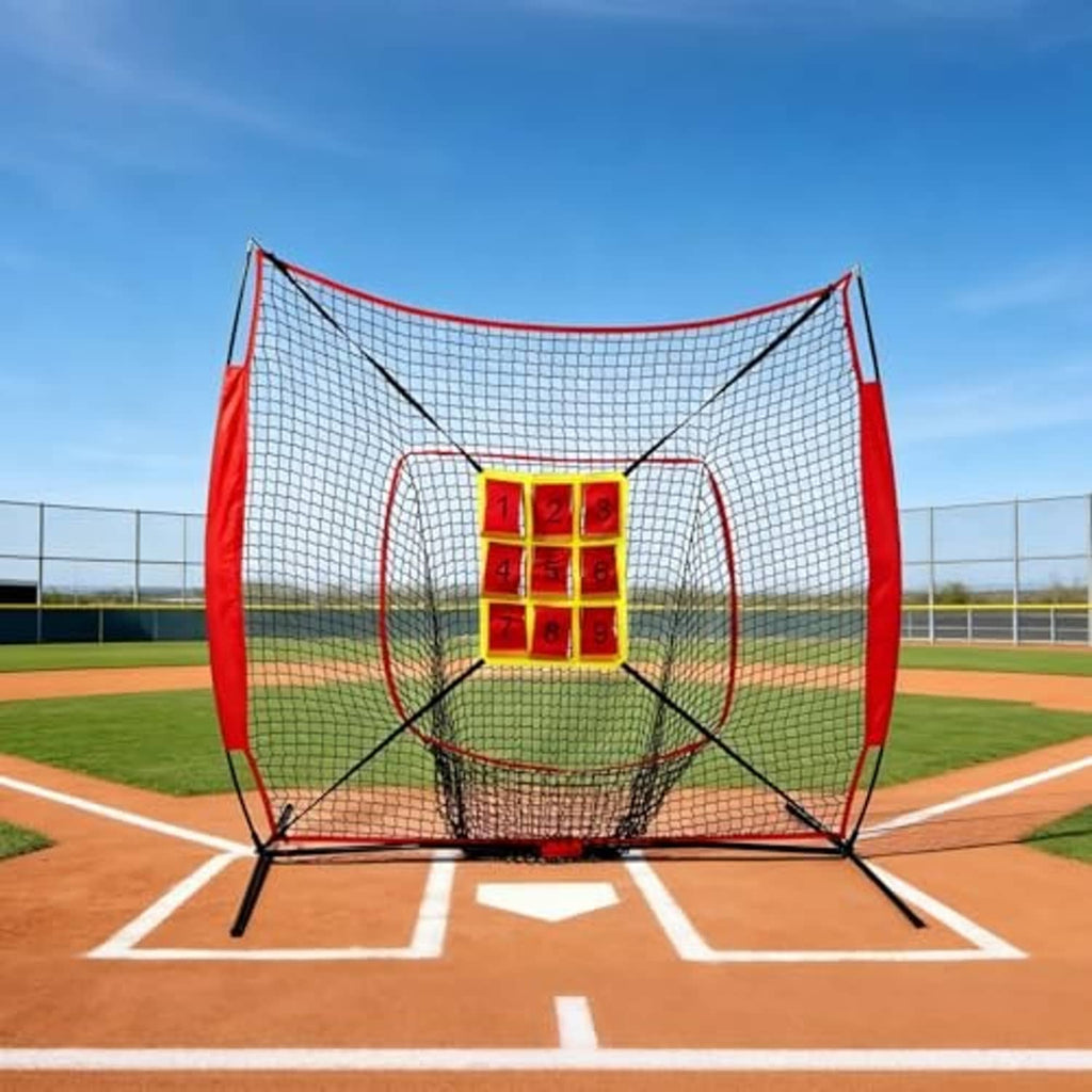 Red and black baseball strike zone target net with yellow 1–9 numbered board