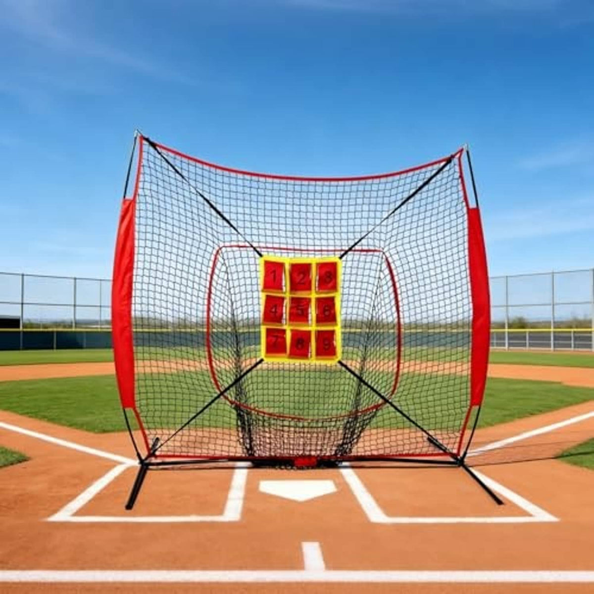 Red and black baseball strike zone target net with yellow 1–9 numbered board