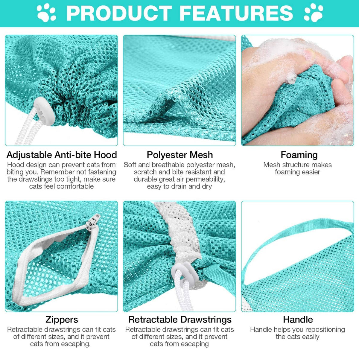 Teal mesh cat bathing bag with adjustable anti-bite hood, zippers, and drawstrings