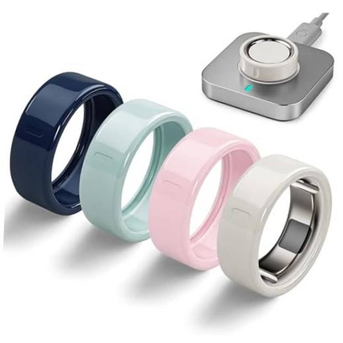 Set of four Oura ring covers in dark blue, mint, pink, and light white, size 8.