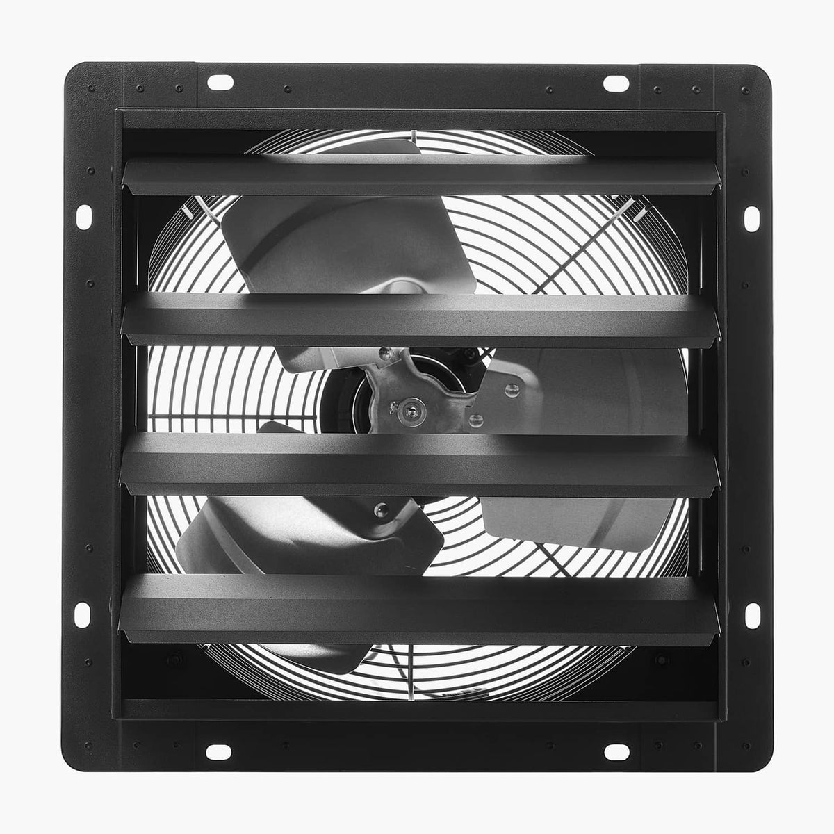 Wall-mounted shutter exhaust fan showing fan blades behind louvered shutters
