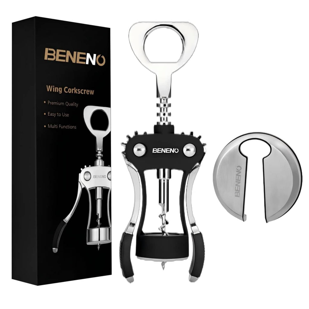 Midnight black wing corkscrew wine opener with stainless steel foil and bottle opener