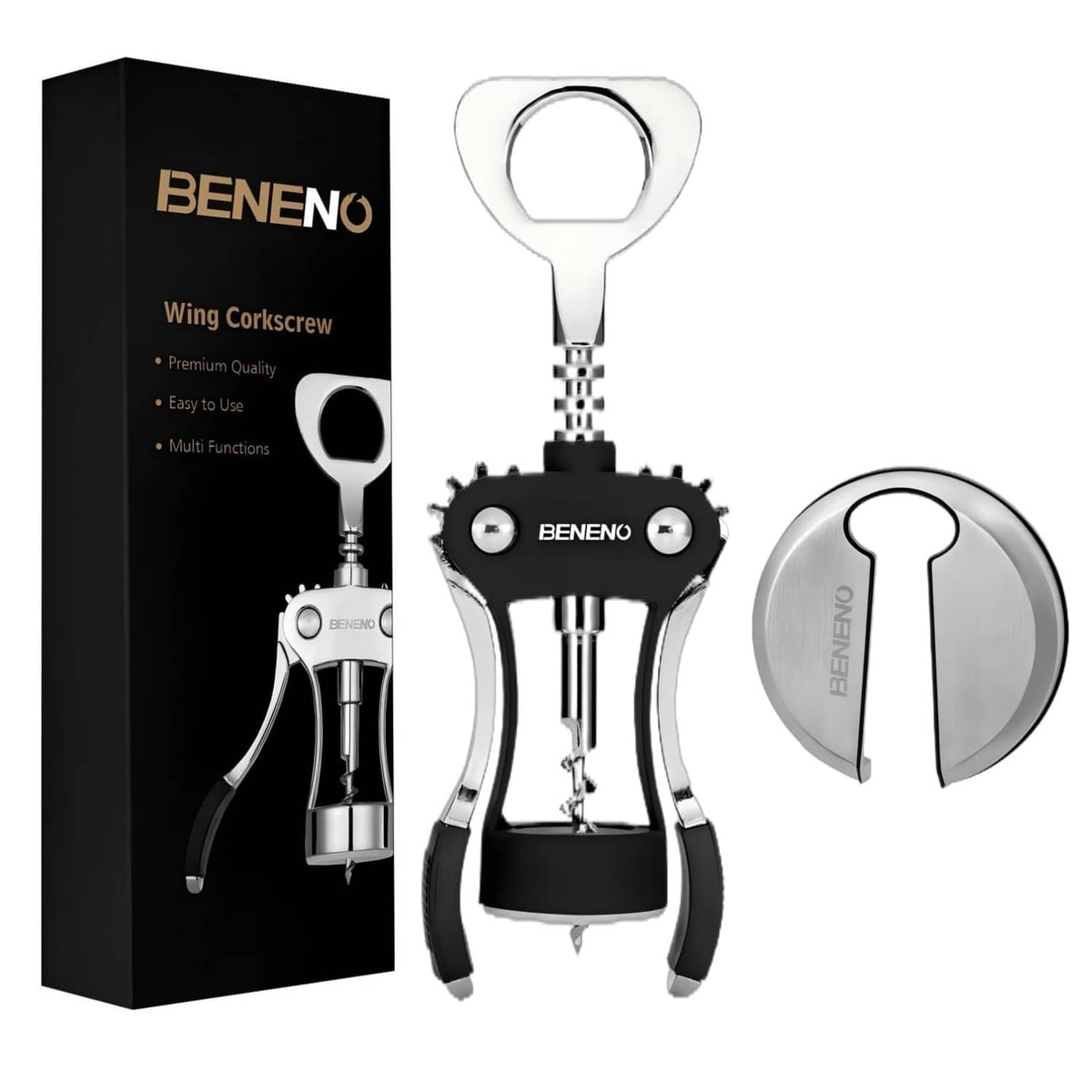 Midnight black wing corkscrew wine opener with stainless steel foil and bottle opener