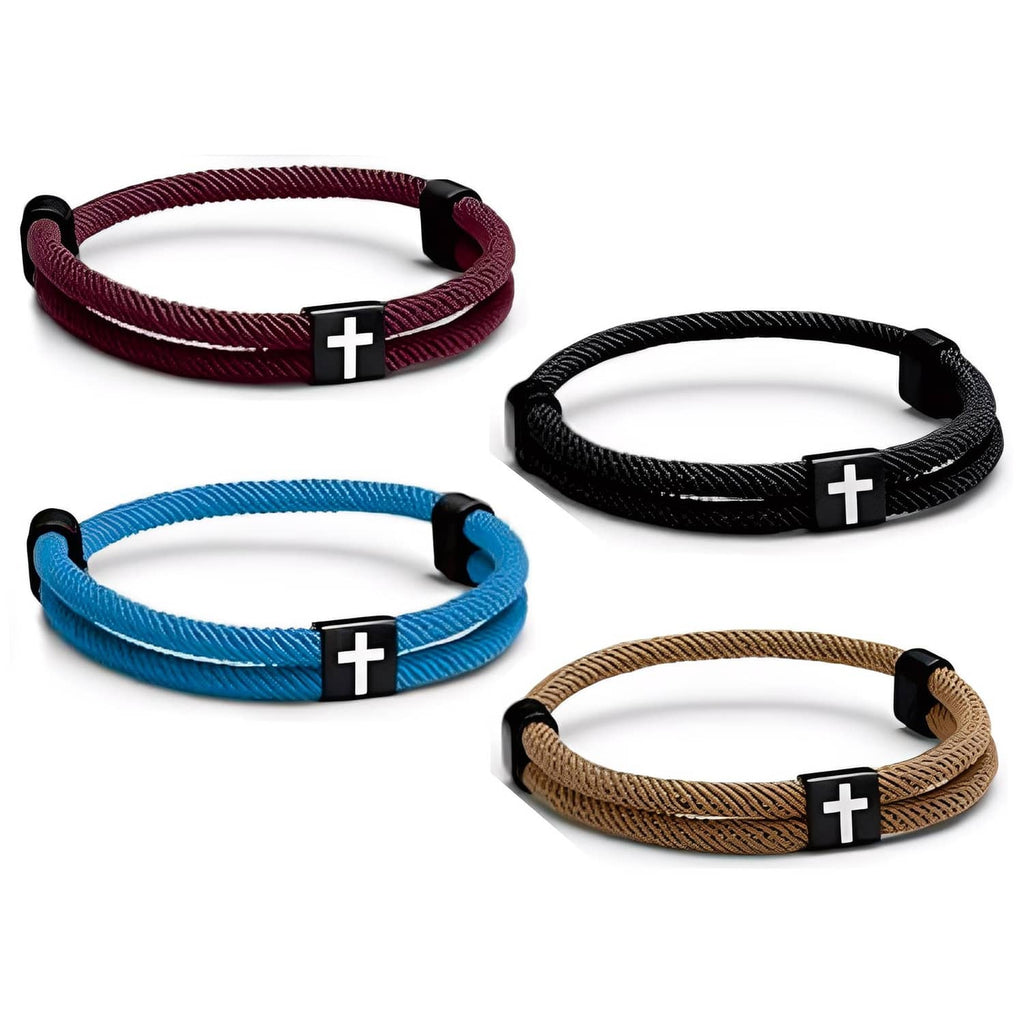 Braided rope cross charm bracelet set, red black blue brown, square silver crosses