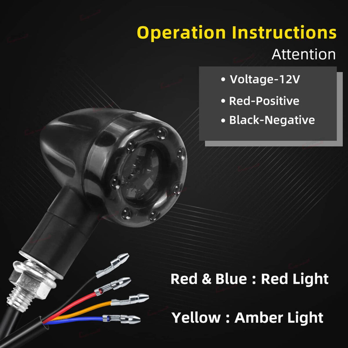 Black LED turn signal light with visible wiring leads and clear lens face