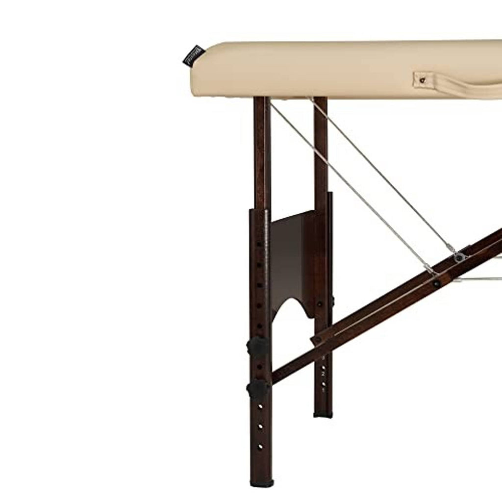 Close-up of portable massage table leg and support hardware, cream padding, walnut finish