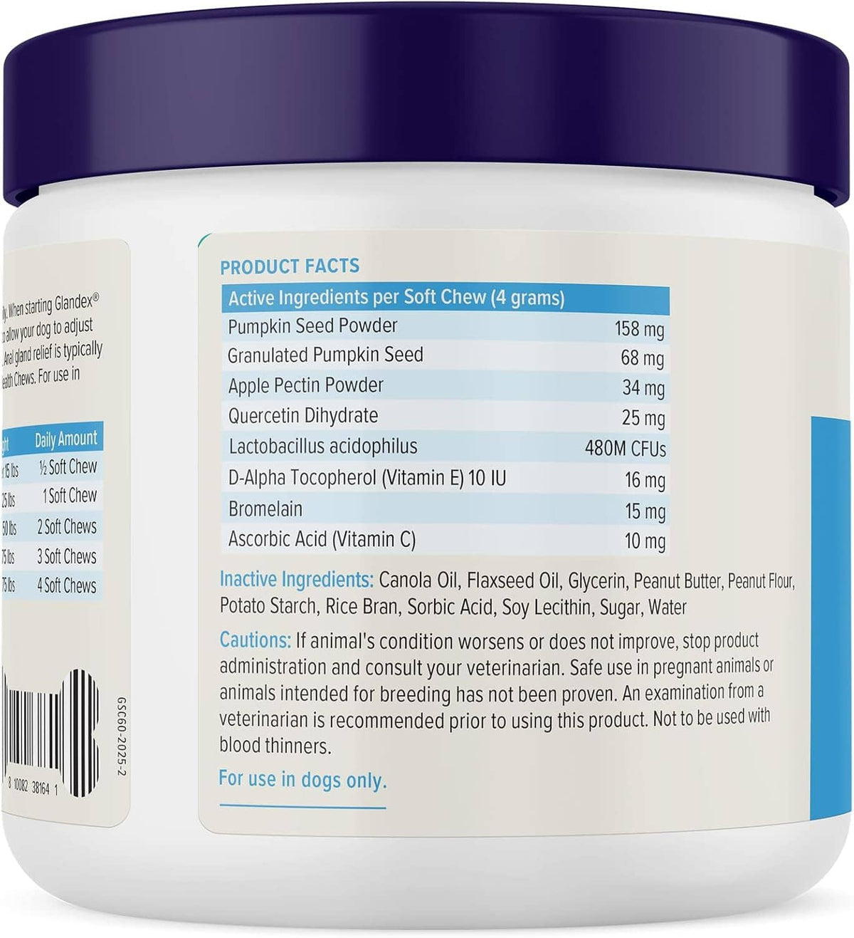 Dog anal gland health chew jar back label with product facts and ingredients list