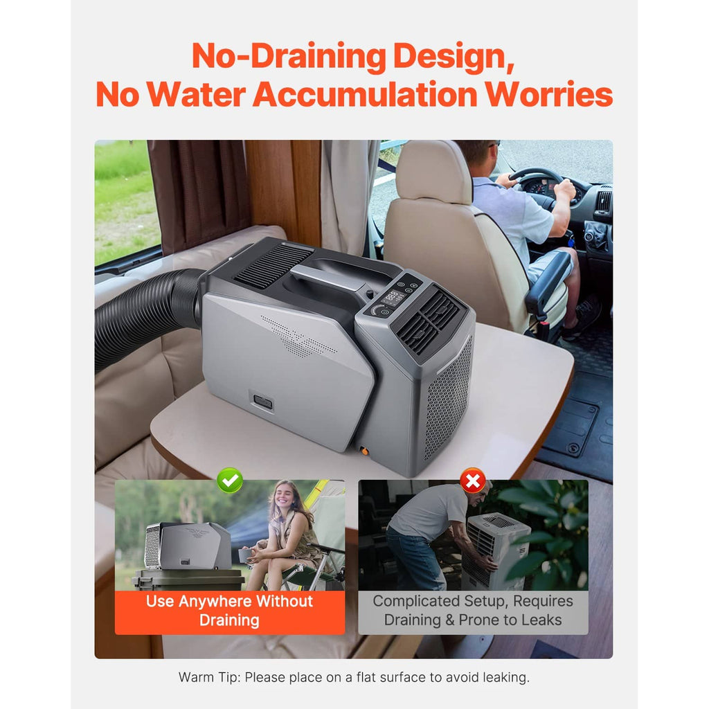 Portable tent air conditioner placed on a vehicle seat with no-drain design