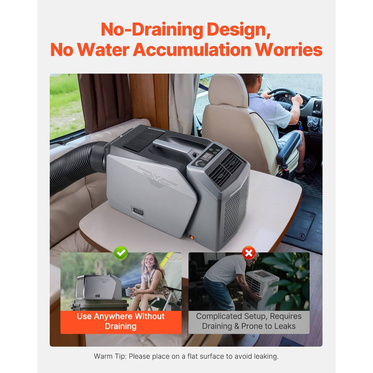 Portable tent air conditioner placed on a vehicle seat with no-drain design