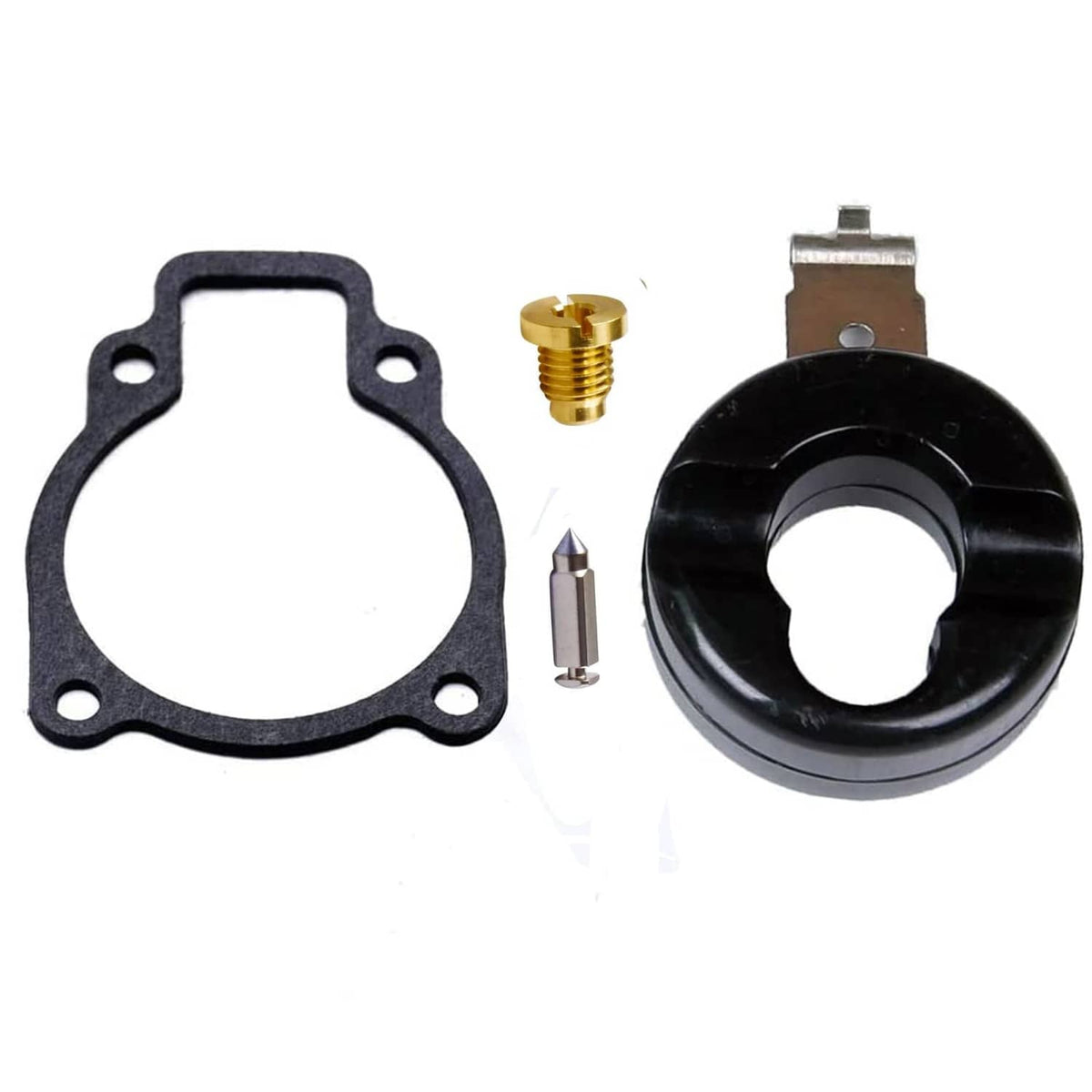Carburetor rebuild kit parts: gasket, brass fitting, metal jet, black cover