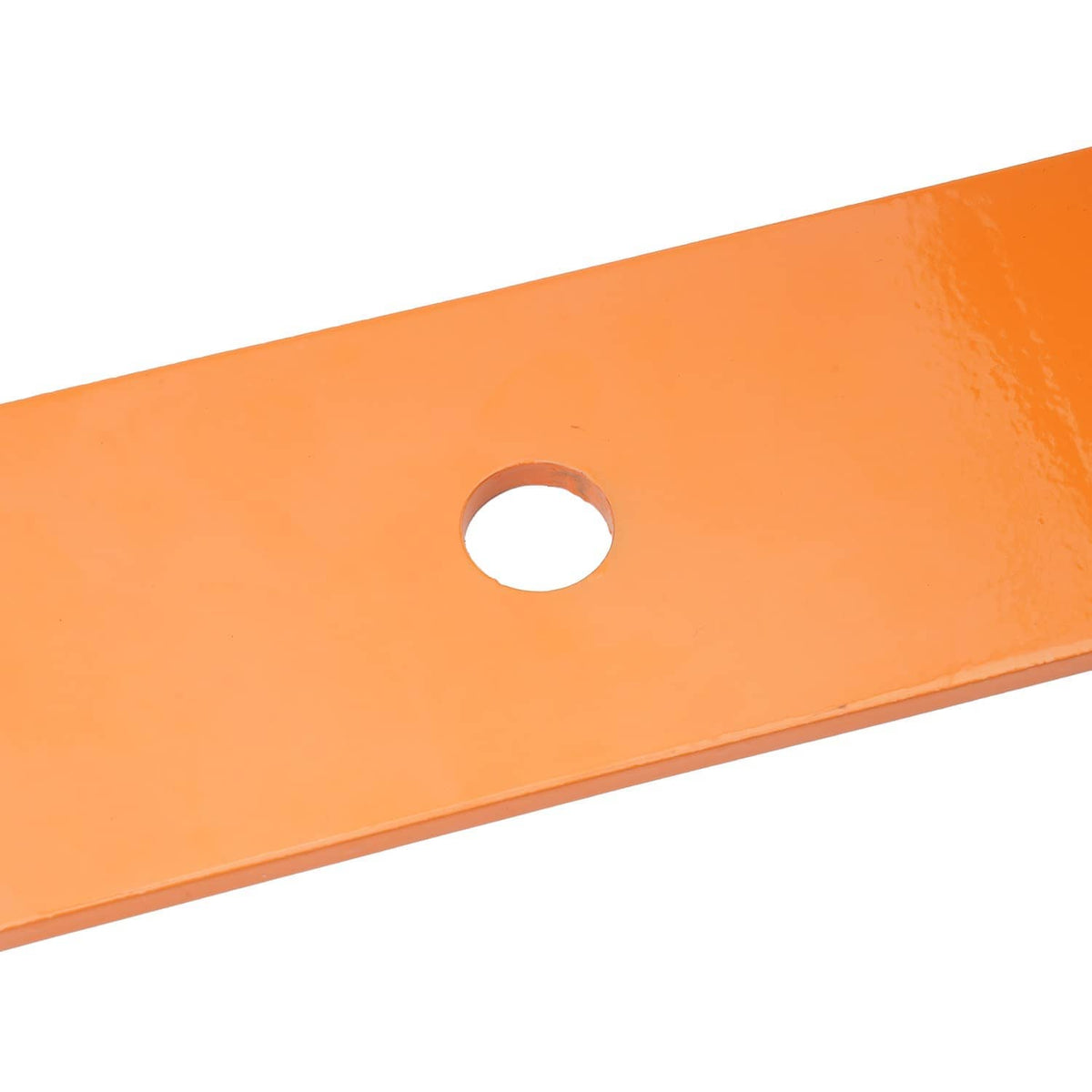 Orange deck blade with a round center mounting hole and smooth steel edge