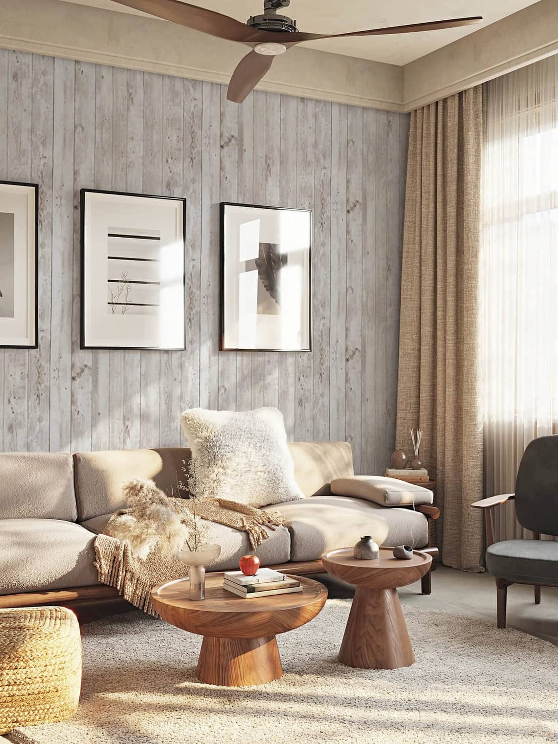 Wood grain wallpaper on the wall behind the sofa, light whitewashed plank texture.