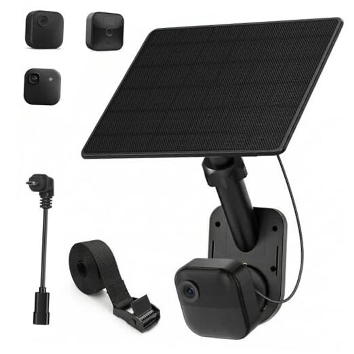 Black solar panel charging mount with attached security camera base and cable