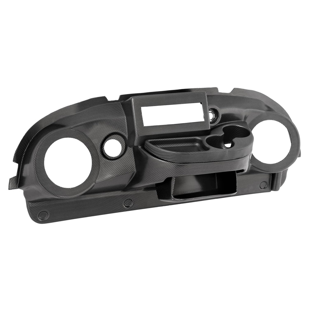 Carbon-fiber style golf cart radio dash cover with two round speaker holes and center tray.