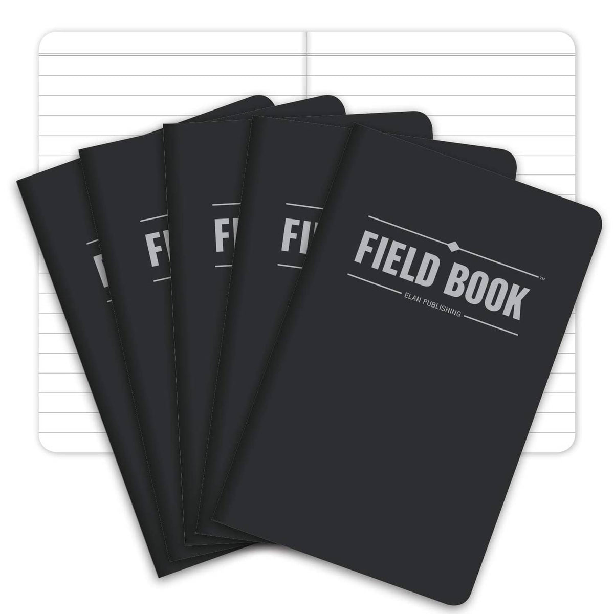 Set of five black pocket Field Book notebooks with lined pages, cover titles visible