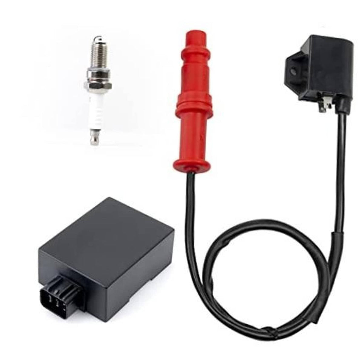 Ignition coil module with wiring harness, spark plug, and red/black cap