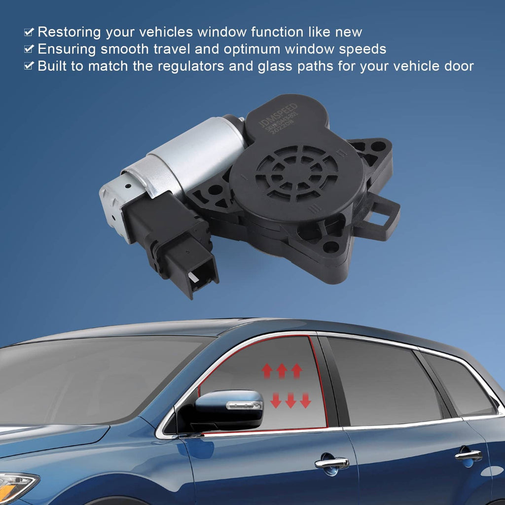 Power window lift motor with black regulator housing, silver cylinder, and 6-pin plug