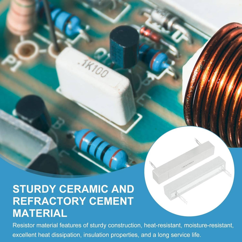 Ceramic cement resistor on PCB, light gray body with terminal leads